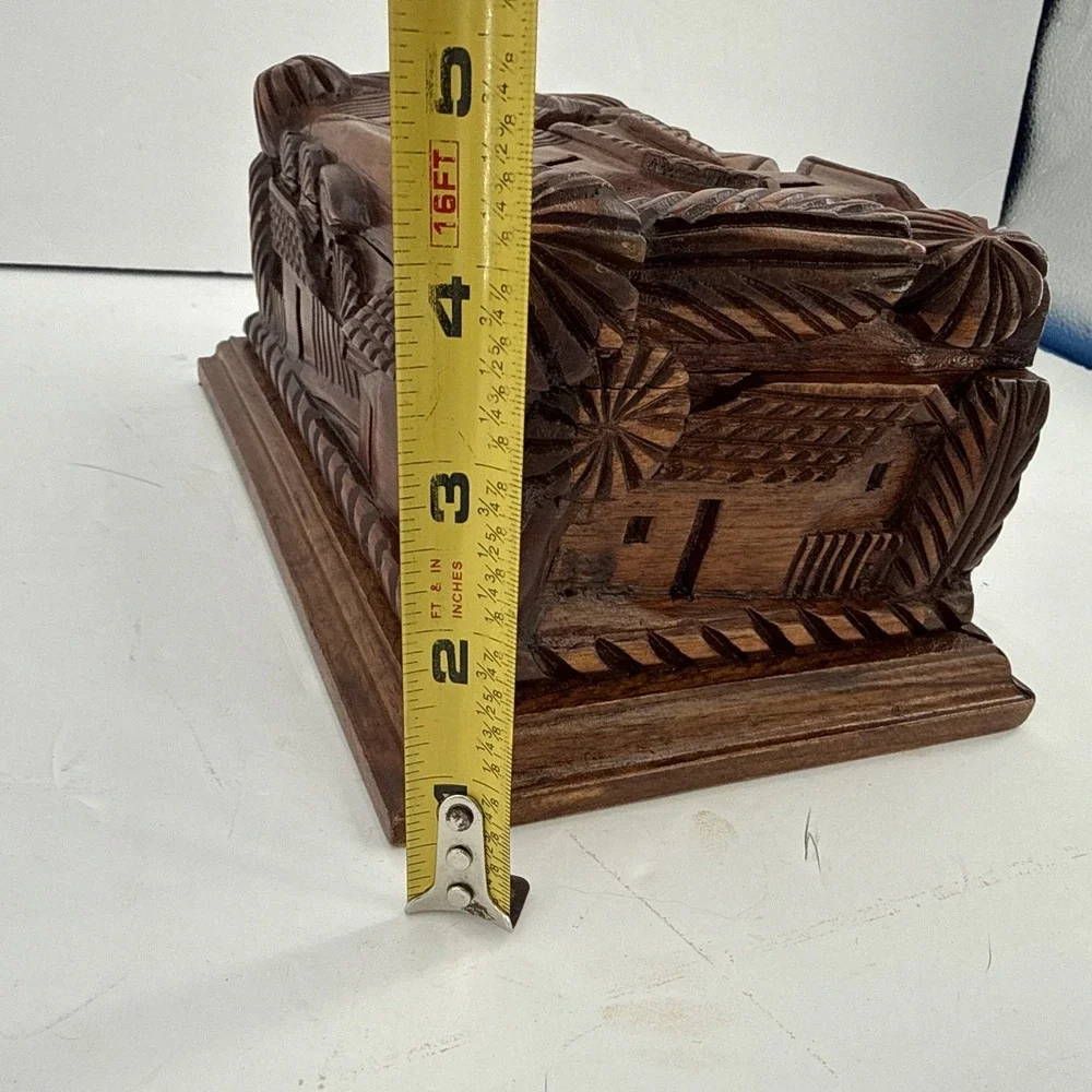 Vintage Hand Carved Folk Art Wooden Jewelry Trinket Box Red Velvet Lined